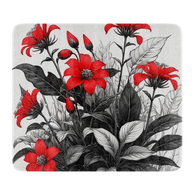 Planche À Découper Fleur rouge sur Plante noir blanc (Devant)