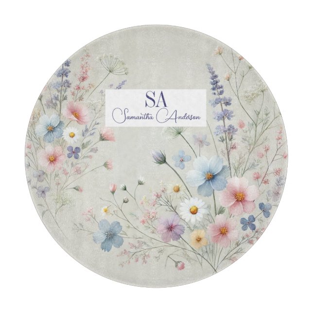 Planche À Découper Fleur sauvage personnalisé avec monogramme et nom (Devant)