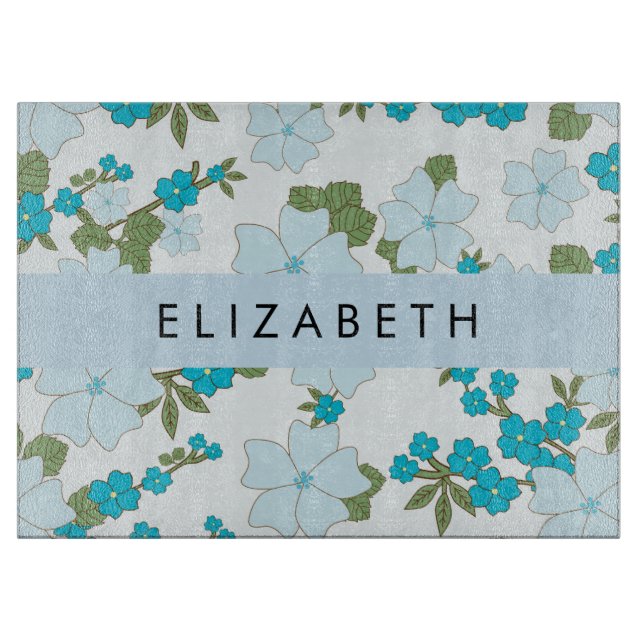 Planche À Découper Fleurs Bleues, Motif De Fleurs, Votre Nom (Devant)
