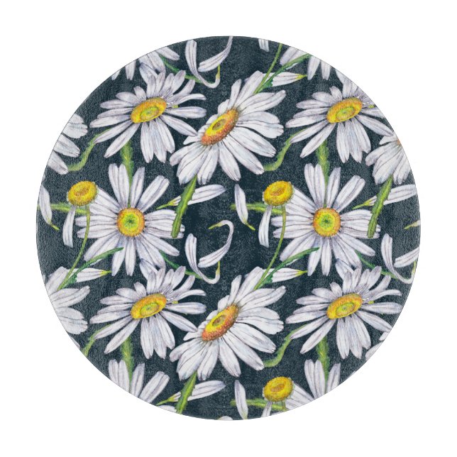 Planche À Découper Fleurs chamomiles : Aquarelle bleu foncé. (Devant)