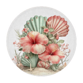 PLANCHE À DÉCOUPER FLEURS D'HIBISCUS ROUGE ET VERT D'ÉTÉ