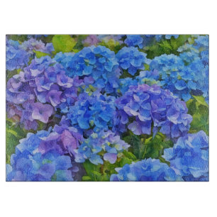 Planche À Découper Fleurs d'Hydrangea Bleu Art Aquarelle Verre