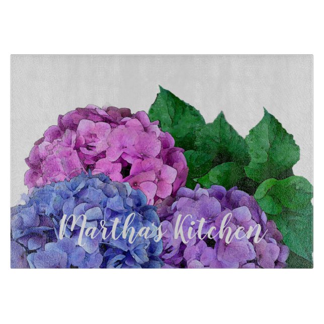 Planche À Découper Fleurs d'hydrangée bleu et rose personnalisées (Devant)