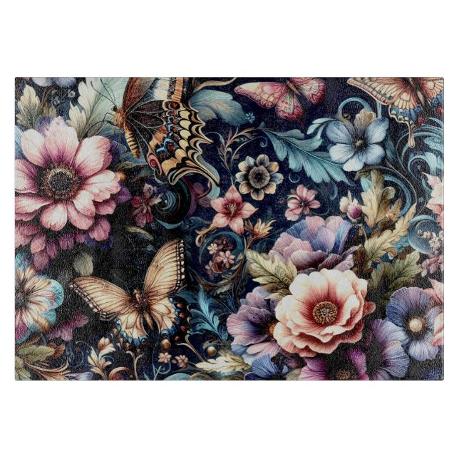 Planche À Découper Fleurs et papillons de printemps antiques Verre (Devant)