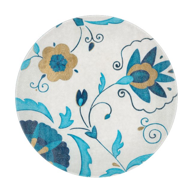 Planche À Découper Fleurs Indigo dorées avec Arrière - plan blanc (Devant)