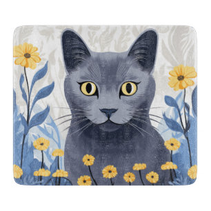 Planche À Découper Fleurs Jaunes Chat Bleu Russe