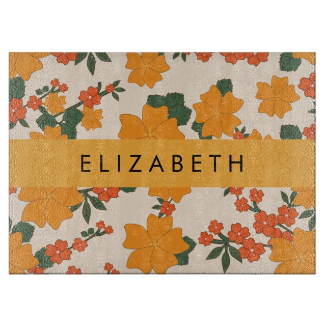 Planche À Découper Fleurs Oranges, Motif De Fleurs, Votre Nom (Devant)