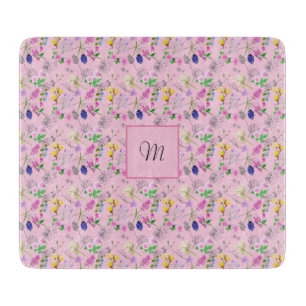 Planche À Découper Fleurs sauvages en aquarelle, rose. Monogramme