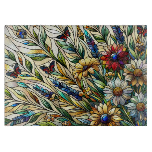 Planche À Découper Fleurs sauvages et papillons de design en verre