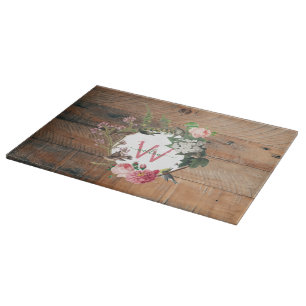 Planche À Découper Fleurs Vintages en bois rustique monogrammé
