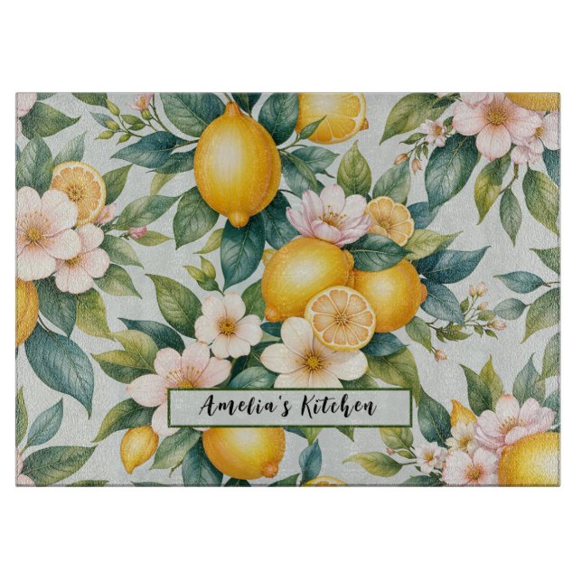 Planche À Découper Floral Été citron citron nom personnalisé (Devant)
