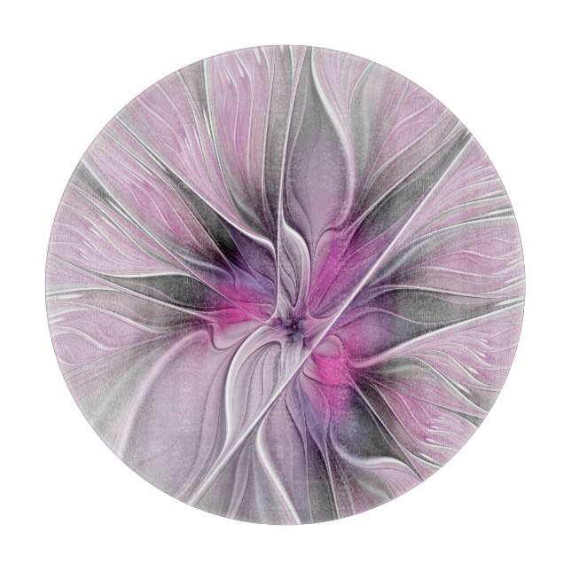 Planche À Découper Floral Fractal moderne Fleur Abstraite rose gris (Devant)