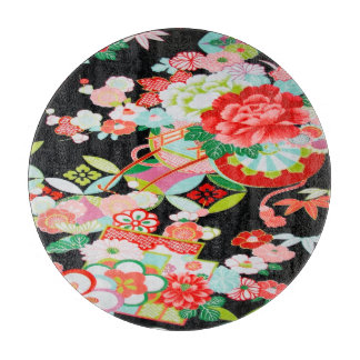 Planche À Découper Floral japonais traditionnel Fleur noir verre roug