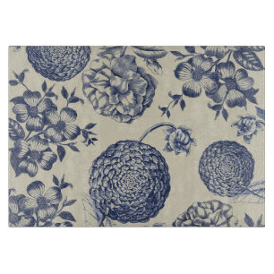 Planche À Découper Flore d'impression florale de fleurs bleues antiqu