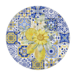 Planche À Découper Flores de mosaïque en bleu et jaune