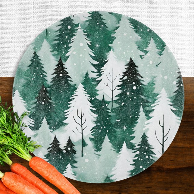 Planche À Découper Forêt hivernale Neige Aquarelle Arbres persistants (A stylish glass cutting board, with winter forest snow scene in a watercolor style)