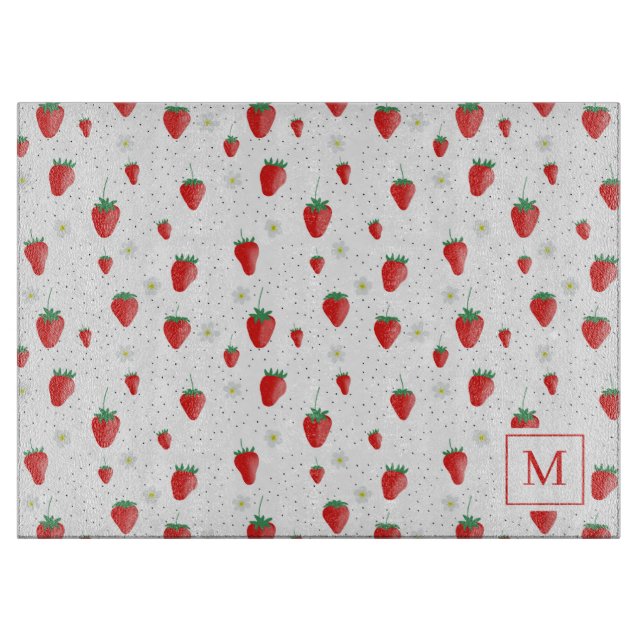 Planche À Découper Fraises et fleurs d'été mignonnes Monogramme (Devant)