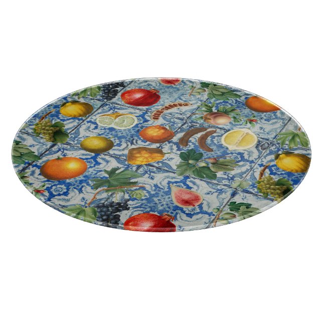 Planche À Découper Fruit d'été méditerranéen & Mosaïque Bleue Blanc (Coin)