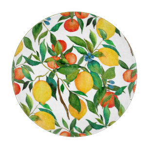 Planche À Découper Fruits d'agrumes, motif d'aquarelle vibrante.