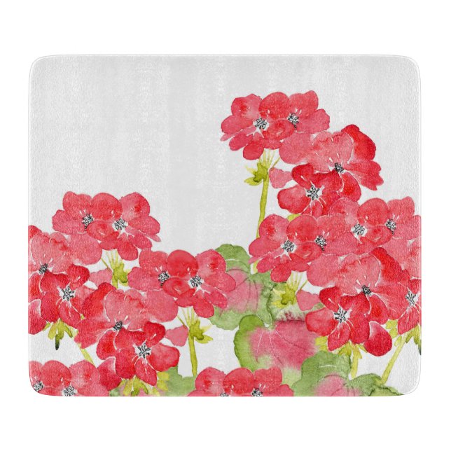 Planche À Découper Geraniums d'aquarelles rouges (Devant)