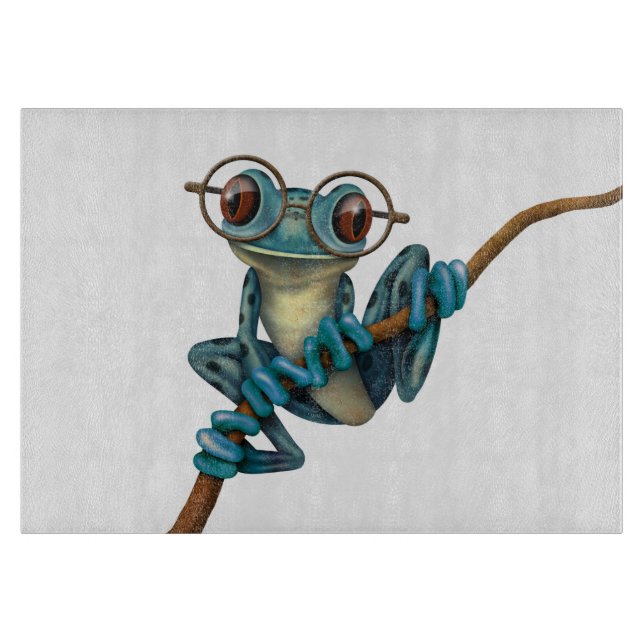 Planche À Découper Grenouille d'arbre bleue mignonne avec des verres (Devant)