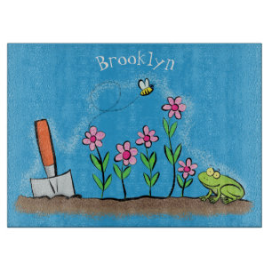 Planche À Découper Grenouille mignonne et abeille dans le jardin dess