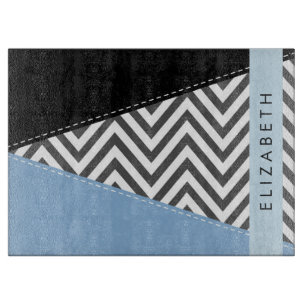 Planche À Découper Grey Zigzag, Grey Chevron, Bleu, Votre Nom
