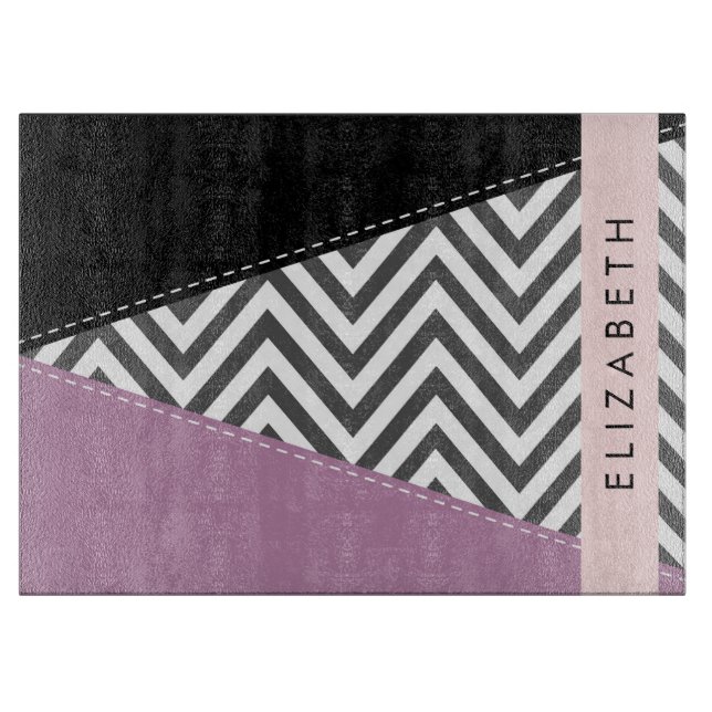 Planche À Découper Grey Zigzag, Grey Chevron, Purple, Votre Nom (Devant)