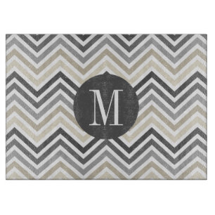 Planche À Découper Gris & Linge Beige Chevron Motif avec Monogramme
