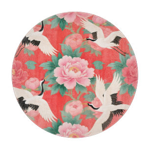 Planche À Découper Grues Japonais Pivoines Rouge Chinoiserie Élégance