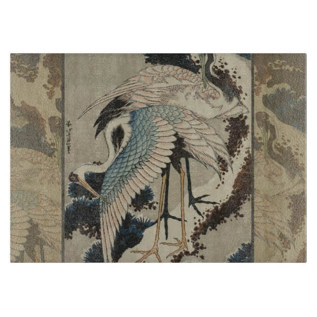 Planche À Découper Grues sur un pin couvert de neige Hokusai (Devant)