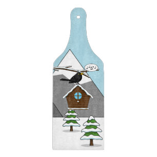 Planche À Découper Happy Blackbird chanter dans le paysage hivernal
