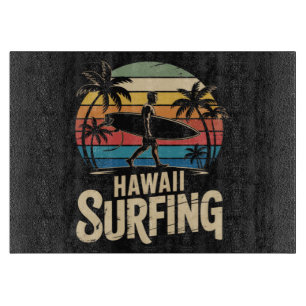 Planche À Découper hawaii surf rétro - surfeur de plage au coucher du