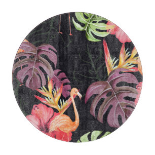 Planche À Découper Hibiscus, Flamants roses, Aquarelle Motif tropical