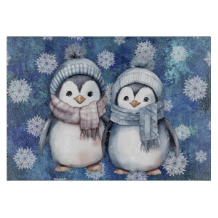 Planche À Découper Hiver Bleu Aquarelle Pingouins Écarts Casquette