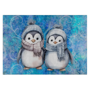 Planche À Découper Hiver Bleu Aquarelle Pingouins Écarts Casquette