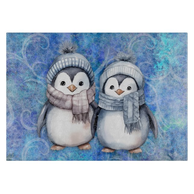 Planche À Découper Hiver Bleu Aquarelle Pingouins Écarts Casquette (Devant)
