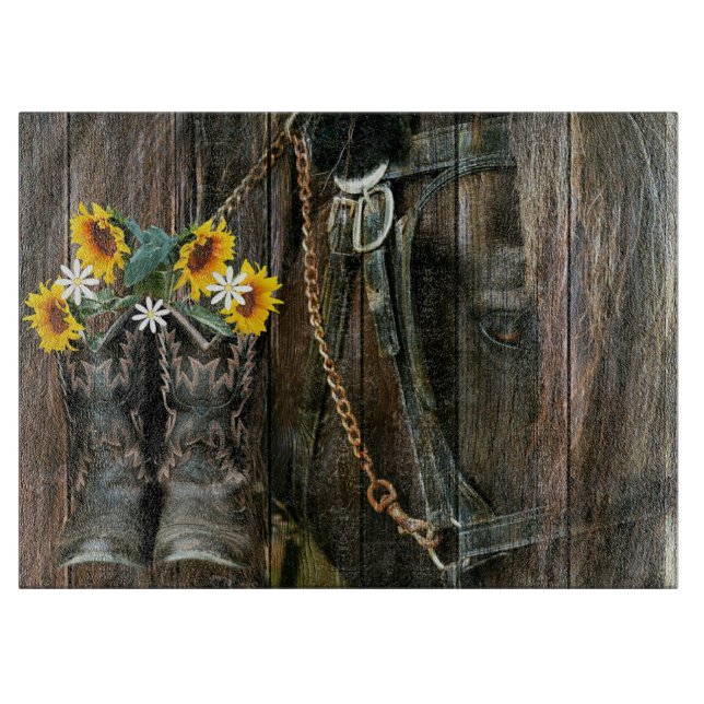 Planche À Découper Horse Cowboy Boots Sunflowers Rustic Barque (Devant)