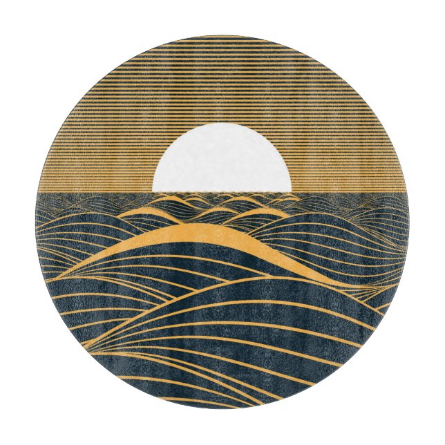 Planche À Découper Illustration de lune de soleil stylisée, mer sombr (Devant)