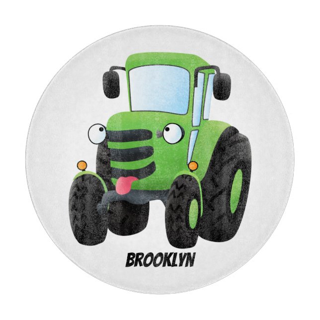 Planche À Découper Illustration du joli joyeux tracteur agricole vert (Devant)