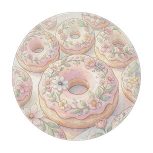 Planche À Découper Illustration Pastel de Donuts Rose Floral