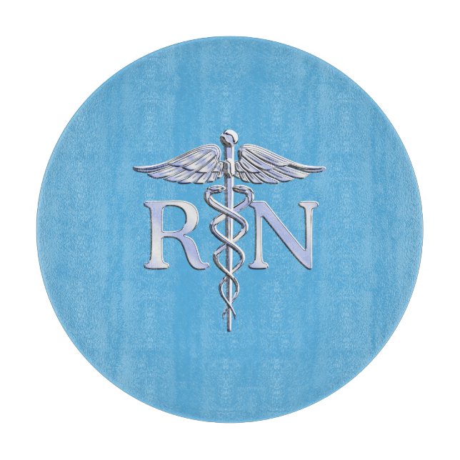 Planche À Découper Infirmière inscrite RN Silver Caduceus sur Bleu bé (Devant)