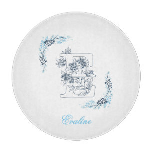Planche À Découper Initiale "E" Monogramme bleu Calme Floral