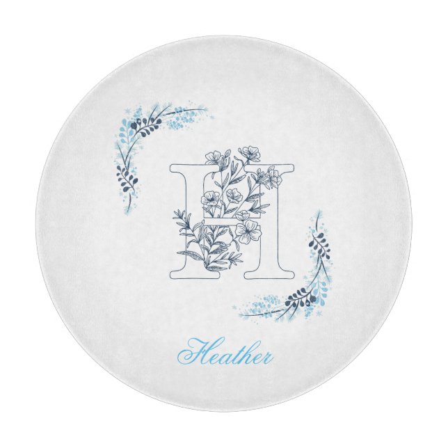 Planche À Découper Initiale "H" Monogramme bleu Calme Floral (Devant)