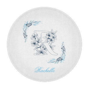 Planche À Découper Initiale "R" Monogramme bleu Calme Floral