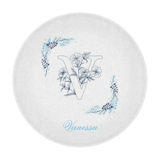 Planche À Découper Initiale "V" Monogramme bleu Calme Floral (Devant)