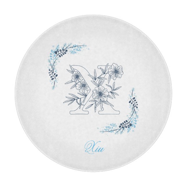 Planche À Découper Initiale "X" Monogramme Bleu Calme Floral (Devant)
