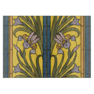 Planche À Découper Iris Fleur Art Nouveau Vitrail Bleu Or