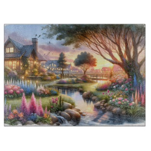 Planche À Découper Jardin de Cottage au Ruisseau au Coucher du Soleil