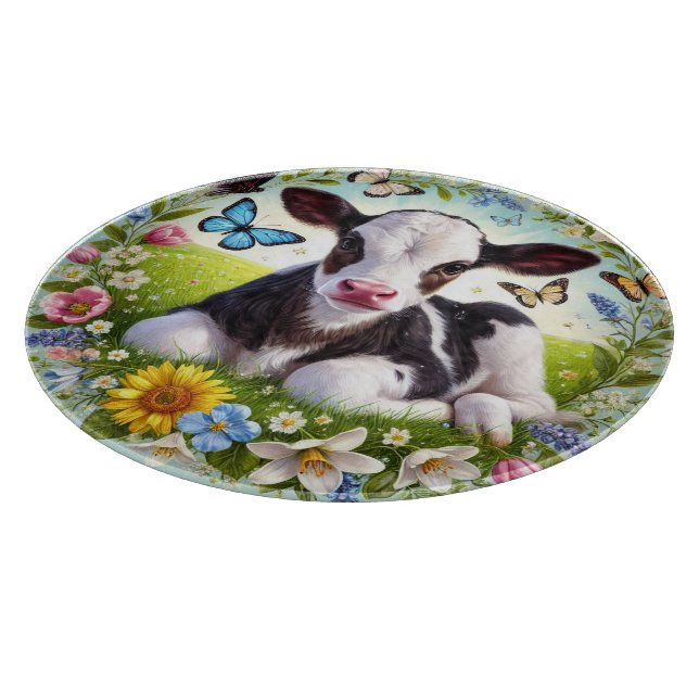 Planche À Découper Jeune veau avec couronne de fleurs et papillons (Coin)